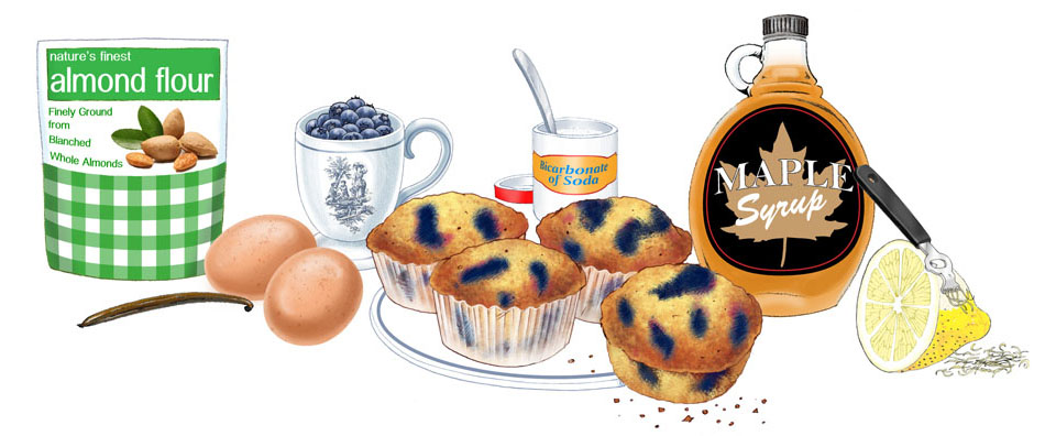 Blueberry muffins ingredients and recipe artwork
