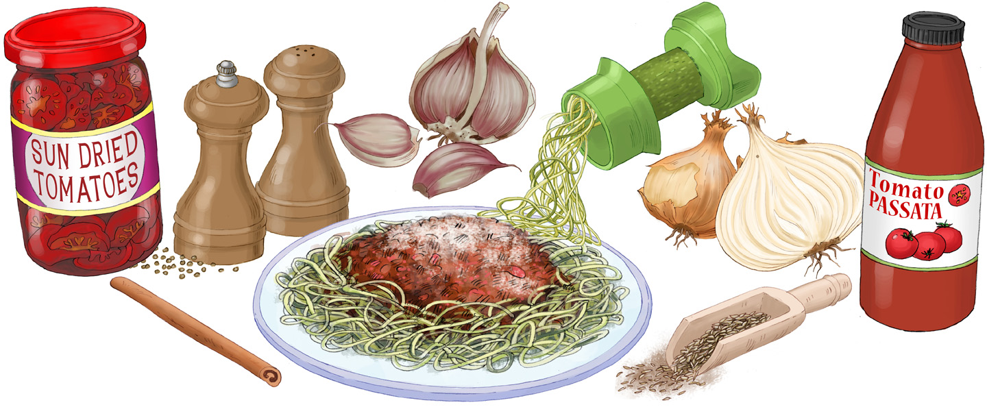 Courgetti spaghetti bolognese ingredients and artwork